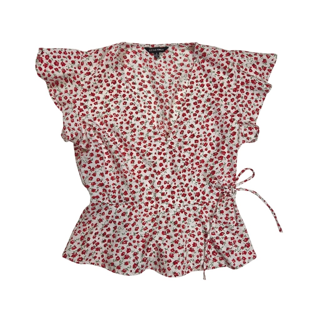Style Envy White Red Floral Flower blouse side tie wrap top cottage core L short